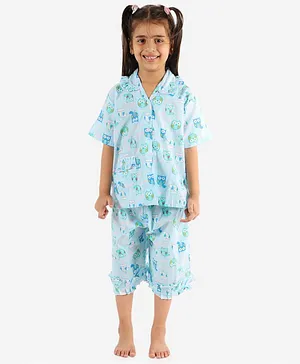 KID1 Half Sleeves Owl Print Capri Night Suit Set - Blue