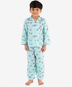KID1 Full Sleeves Cat In A Hat Print Night Suit - Green