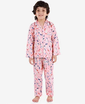 KID1 Full Sleeves Unicorn Print Boys Night Suit - Peach