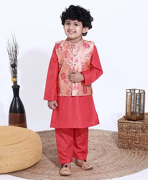 Babyhug Full Sleeves Kurta Pyjama Set with Modi Jacket Solid - Coral Red
