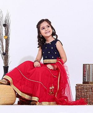 Babyhug Sleeveless Choli Lehenga with Tassels & Ruffled Dupatta Set with Golden Border - Blue Red