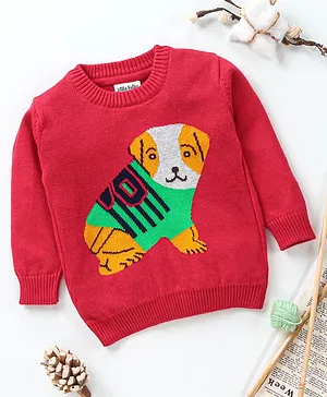 Little Folks Full Sleeves Sweater Puppy Design - Red