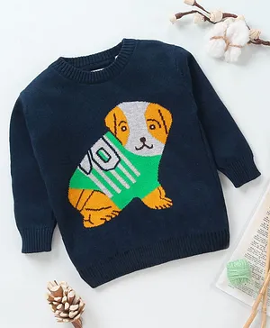 Little Folks Full Sleeves Sweater Puppy Design - Navy Blue