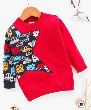 Little Folks Full Sleeves Pullover Sweater Car Print - Red