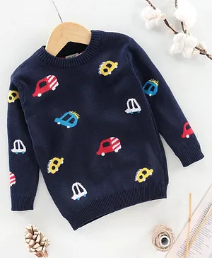 Little Folks Full Sleeves Sweater Car Print - Blue