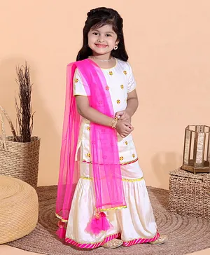 Babyoye Half Sleeves Cotton Embroidered Kurti and Sharara Set with Dupatta - White