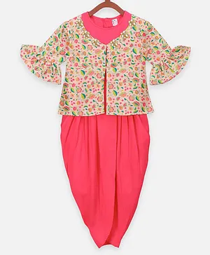 Lilpicks Couture Sleeveless Draped Hem Jumpsuit With Three Fourth Sleeves Floral Print Jacket - Pink