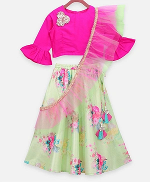 Lilpicks Couture Full Sleeves Choli With Flower Print Lehenga & Ruffle Dupatta - Pink