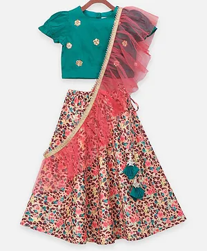 Lilpicks Couture Short Sleeves Choli With Flared All Over Flower Print Lehenga & Dupatta - Green