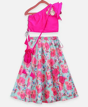 Lilpicks Couture Sleeveless Choli With Flower Print Lehenga & Potli Bag - Pink