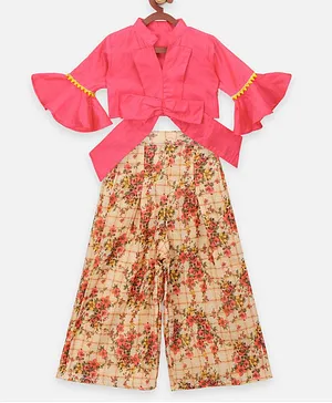 Lilpicks Couture Full Bell Sleeves Top With Flared Flower Print Pants - Peach