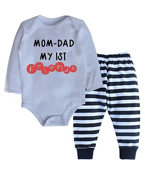 Kadam Baby Half Sleeves Mom Dad My 1St Friends Print Onesie & Pants Set-White