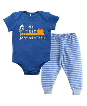 Kadam Baby Half Sleeves My First Janmashtami Print Onesie & Pajama Set-Blue