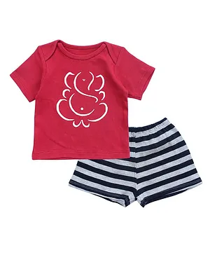 Kadam Baby Half Sleeves Ganesha Print T-Shirt & Shorts Set - Red