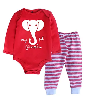 Kadam Baby Full Sleeves My First Ganesha Print Onesie & Pajama Set - Red