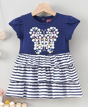 Babyhug Cap Sleeves Stripe Layer Frock Butterfly Print - White Navy Blue