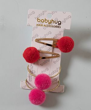 Babyhug Snap Clips with PomPom Set of 4 Pieces - Dark Pink Red