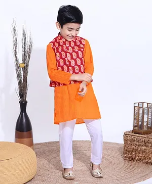 Exclusive from Jaipur Full Sleeves Kurta Pyjama Set Abstract Print - Orange Red