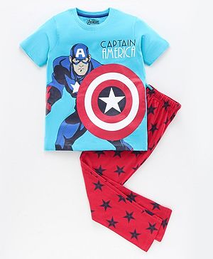 Pine Kids Half Sleeves Bio Washed T-Shirt & Pajama Set Captain America Print - Blue Red