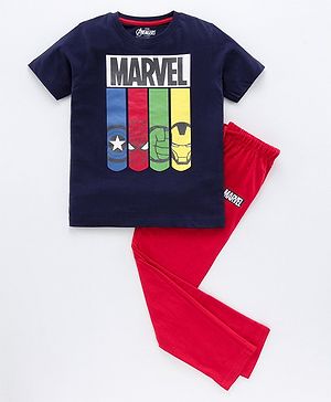 Pine Kids Half Sleeves Bio Washed T-Shirt & Pajama Set Marvel Graphic - Blue & Red
