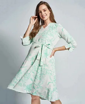 AND Three Fourth Sleeves Tropical Print Maternity Dress - Green