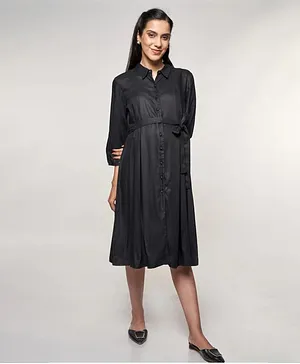 AND Three Fourth Sleeves Solid Maternity Dress - Black