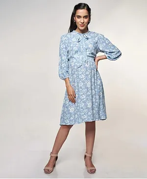AND Three Fourth Sleeves Flower Print Maternity Dress - Blue