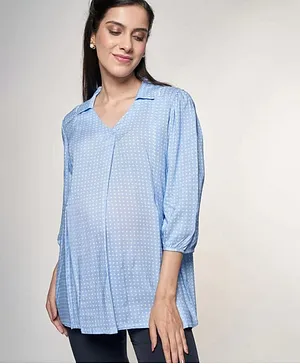 AND Full Sleeves Polka Dotted Maternity Top - Blue