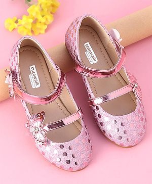 Cute Walk by Babyhug Party Wear Belly Shoes Butterfly Applique - Pink