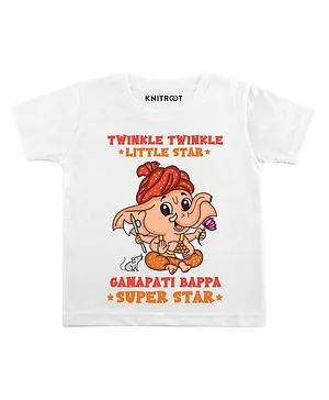KNITROOT Ganapati Super Star Print Half Sleeves Tee - White
