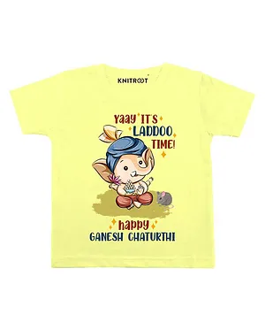 KNITROOT Half Sleeves It's Laddoo Time Print Tee - Yellow