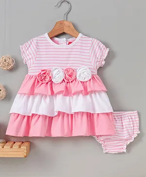 Babyhug Puff Sleeves Stripe Layer Frock With Bloomer Floral Appliques - Pink White