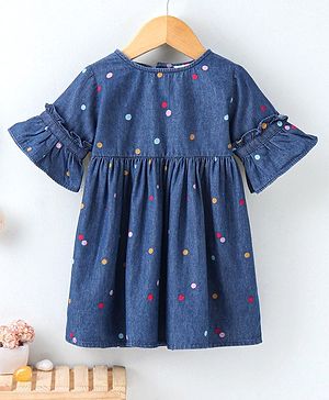 Babyhug Half Sleeves Denim Frock Polka Dot Print - Blue