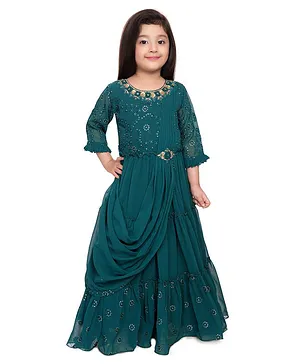 Betty Full Sleeves Crystal Embellished Gown - Green