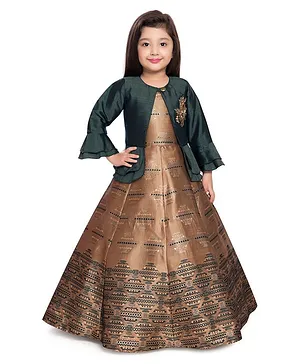 Betty Green Sleeveless Motif Print Gown With Full Sleeves Jacket - Brown