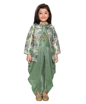 Betty Green Sleeveless Motif Embellished Top With Dhoti & Flower Print Jacket - Green