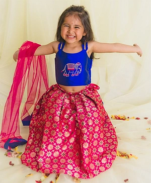 Saka Designs Sleeveless Choli & Lehenga Elephant Print - Blue & Pink