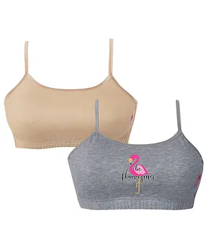 D'chica Pack Of 2 Non Padded Non Wired Beginner Bras Flamingo Print - Grey Brown