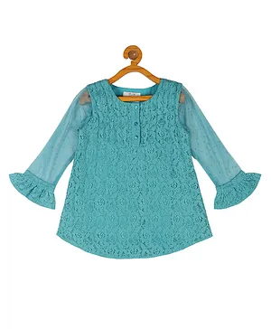 Young Birds Full Mesh Sleeves Floral Lace Top - Green