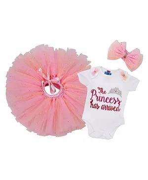 TINY MINY MEE Princess Has Arrived Short Sleeves Onesie With Skirt & Headband - White & Pink