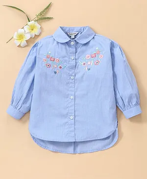 ToffyHouse Full Sleeves Denim Shirt Floral Embroidered - Blue