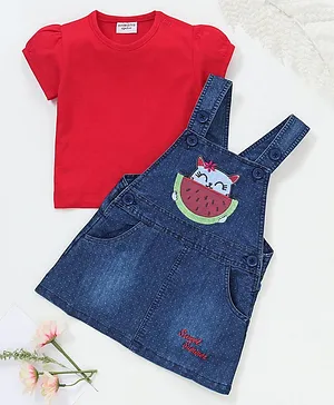 Wonderchild Short Sleeves Tee With Kitty Patch Dungaree Dress - Red