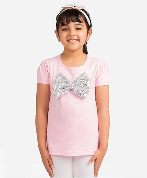 KIDKLO Sequin Chest Bow Short Sleeves Top - Pink