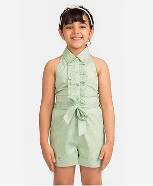 KIDKLO Short Sleeves Printed Collar Neck Jumpsuit - Green