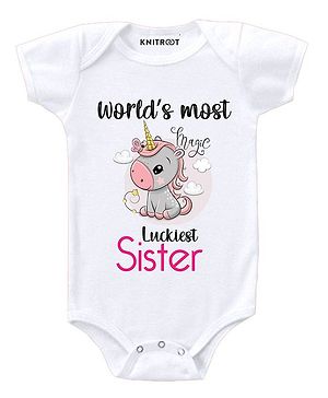 KNITROOT Most Luckiest Sister Print Half Sleeves Onesie - White