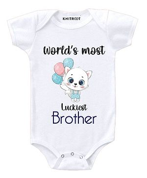 KNITROOT Most Luckiest Brother Print Half Sleeves Onesie - White