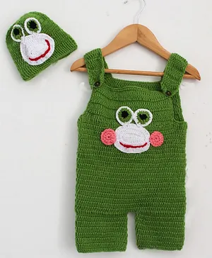 Woonie Handmade Sleeveless Frog Patch Romper With Cap - Green