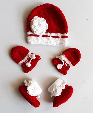 Woonie Handmade Floral Detailed Cap With Booties & Mittens - Red