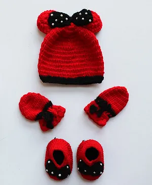 Woonie Handmade Bow Detailed Cap With Booties & Mittens - Red