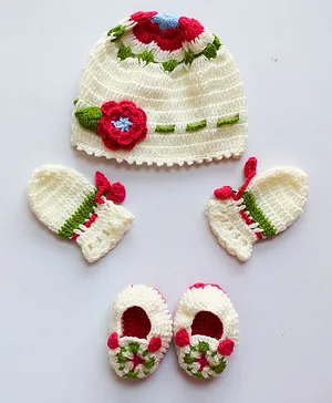Woonie Handmade Floral Embellished Cap With Mittens & Booties - Cream